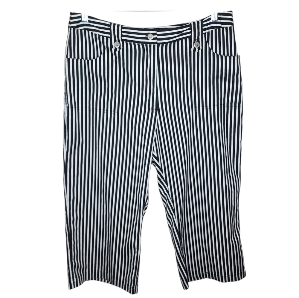 Chicos Women's Black & White Striped Cropped‎ Pants Stretch Size 2.5